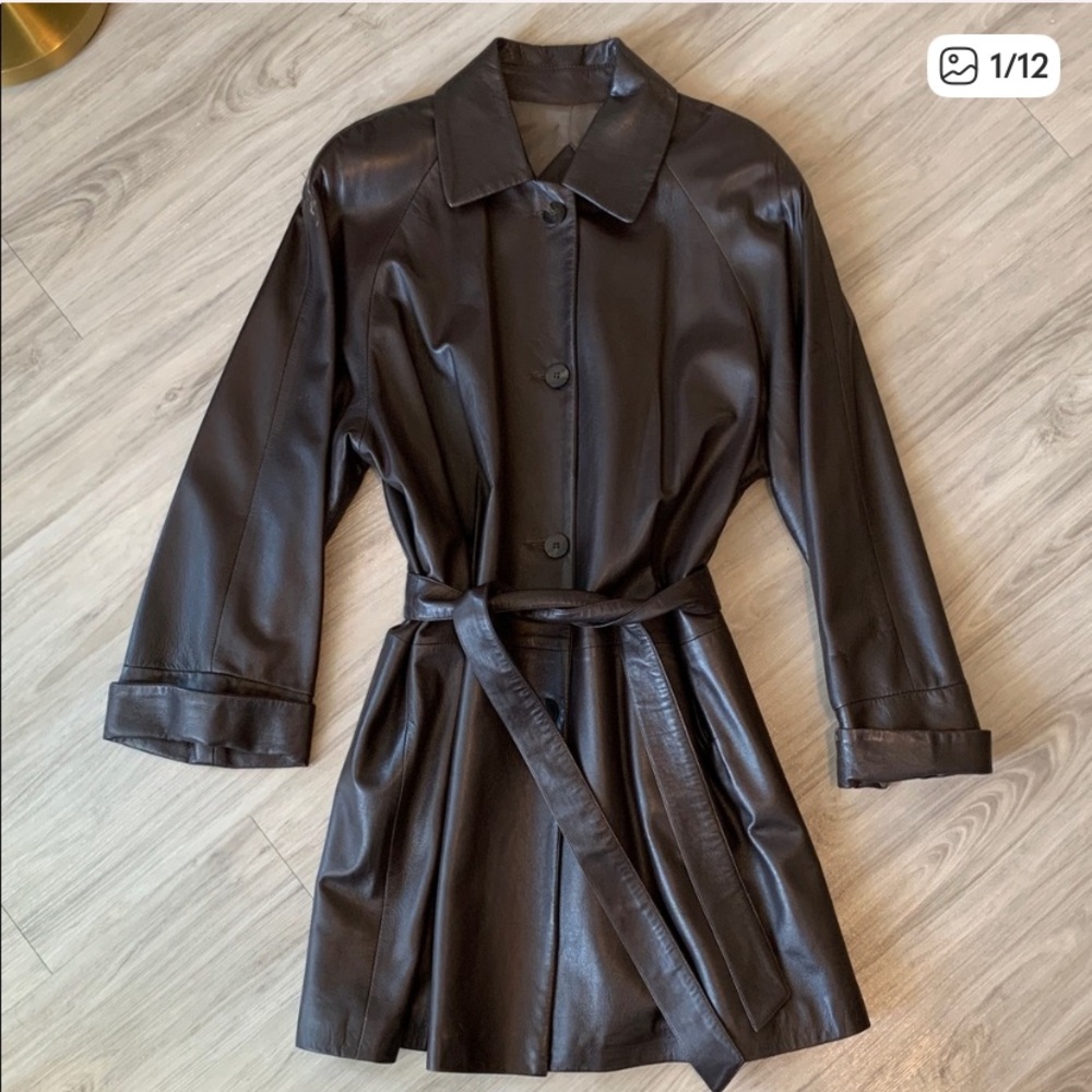 Minimalist Dark Brown Genuine Real 100% Leather Belted Trench Coat